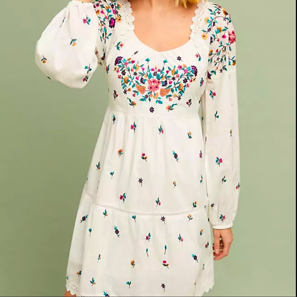 ANTHROPOLOGIE MAEVE Sydney embroidered cotton peasant dress, Sz XS